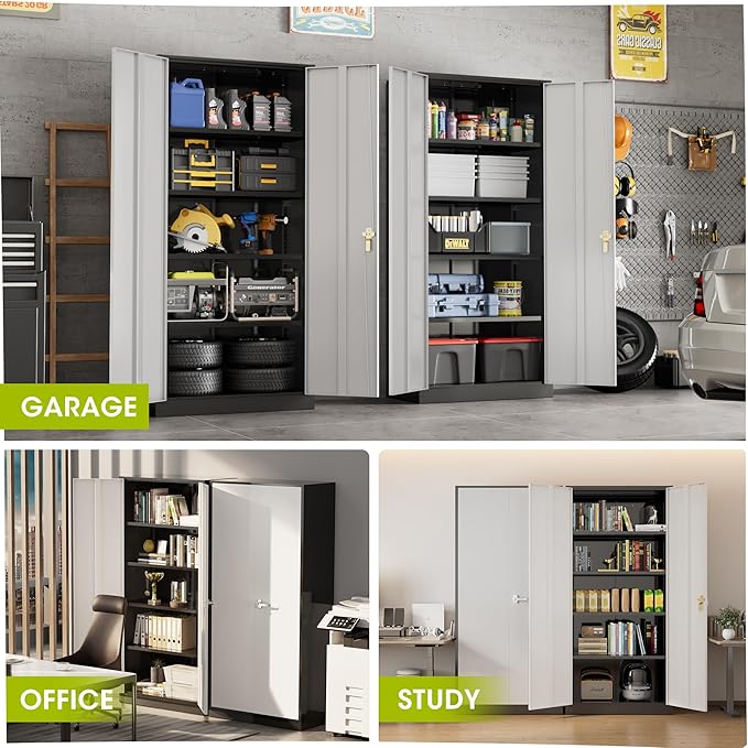 Greenvelly Metal Lockable Storage Cabinet, 72” Storage Cabinet with 2 Doors and 4 Adjustable Shelves for Office, Home, Garage, Pantry (Assembly Required, Black Grey)