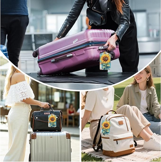 3 Pack Vintage Sunflowers Butterfly Luggage Tags for Suitcase PU Leather Travel Luggage Tag Privacy Cover ID Label for Women Men Baggage Backpack Handbag School Bag