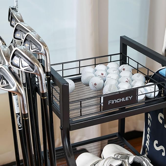 A11N SPORTS Golf Bag Stand for Garage with 4 Hooks & Club Holder, Golf Organizer for 2 Bags, Rolling Storage Rack with Wheels, Heavy-Duty All-Metal Frame