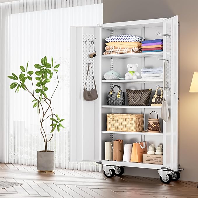 INTERGREAT Rolling Metal Cabinet with Wheels,72" Locking Storage Cabinet with Adjustable Shelves,Large Capacity Pulley Cabinets for Home Office,School,Garage(White)