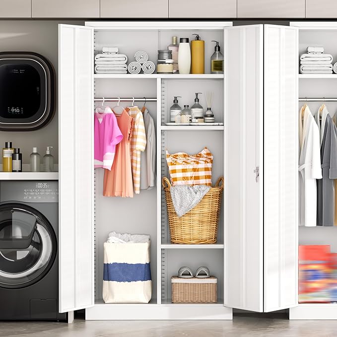 Greenvelly Metal Wardrobe Cabinet with Locking Doors, 72" H x 36" W White Metal Wardrobe Closet Cabinet with Hanging Rods and Adjustable Shelves, Steel Storage Closet for Home, Office, Employee, Gym