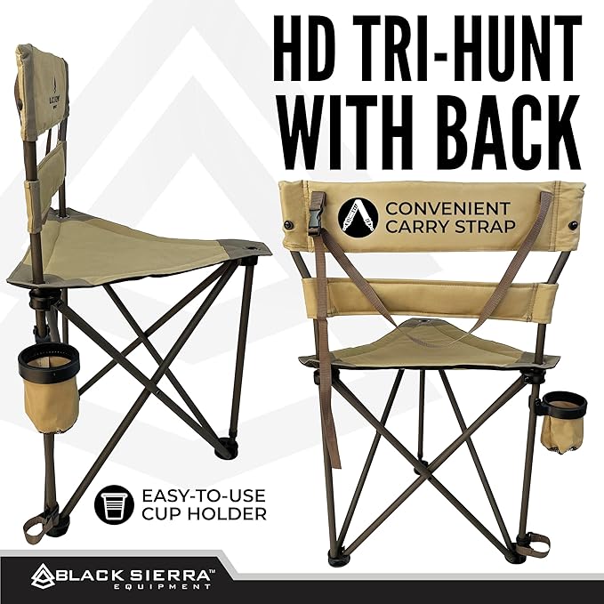 Black Sierra XL Tripod Hunting Stool, Foldable Tripod Seat w/Steel Frame Supports 300 Lbs, Heavy Duty Fishing Chair Features Cup-Holder & Carry Shoulder Strap, for Camping, Hiking, Fishing
