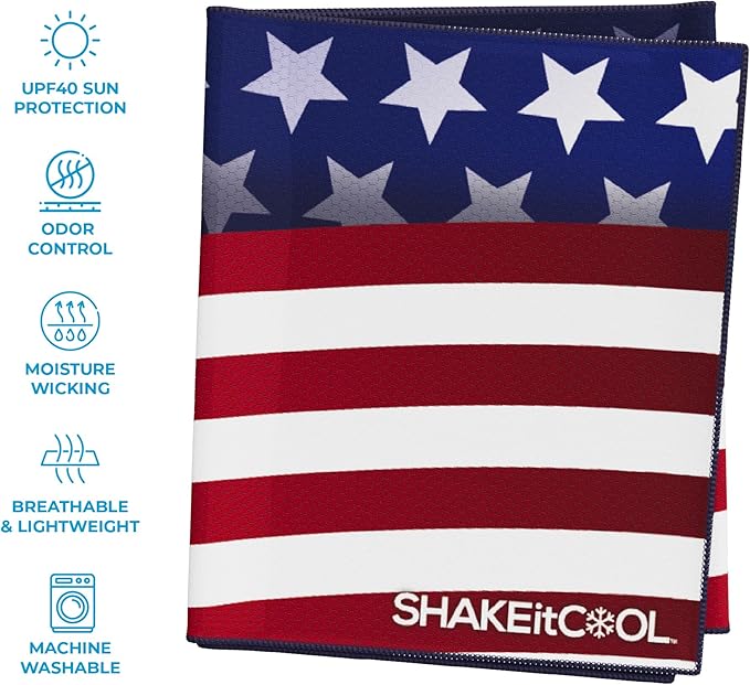 SHAKEitCOOL Extended Size Cooling Towel β Be Cool in Style - Heat Relief, Soft, Lightweight, Sun Protection, Easy Clean - Perfect for Biking, Hiking, Running, Yoga, Golf, Gardening - Wavy Flag M