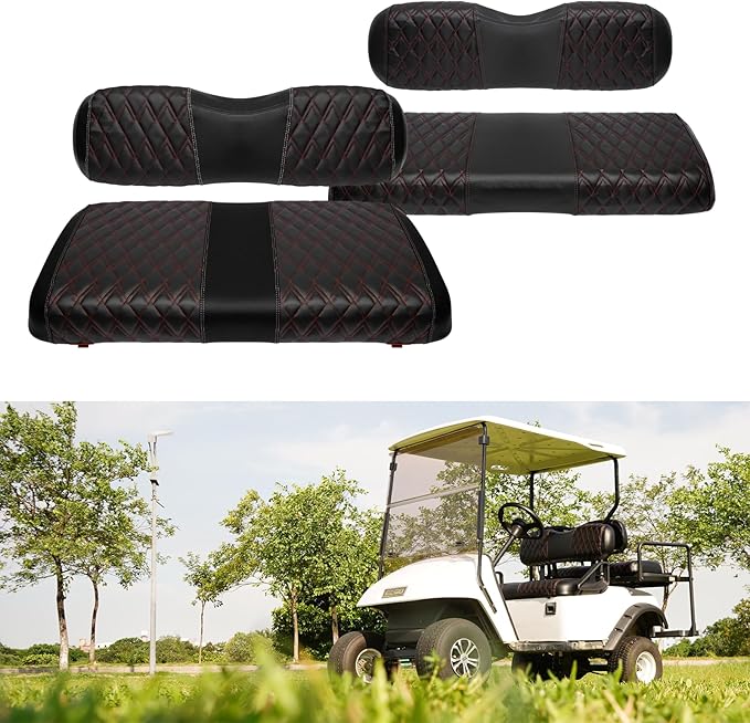 4PCS Golf Cart Diamond Seat Covers Kit, Fits EZGO TXT 1994-2013 Golf Cart Vinyl Replacement Seat Cover (Black Stitching, No Stapler, Easy to Clean)