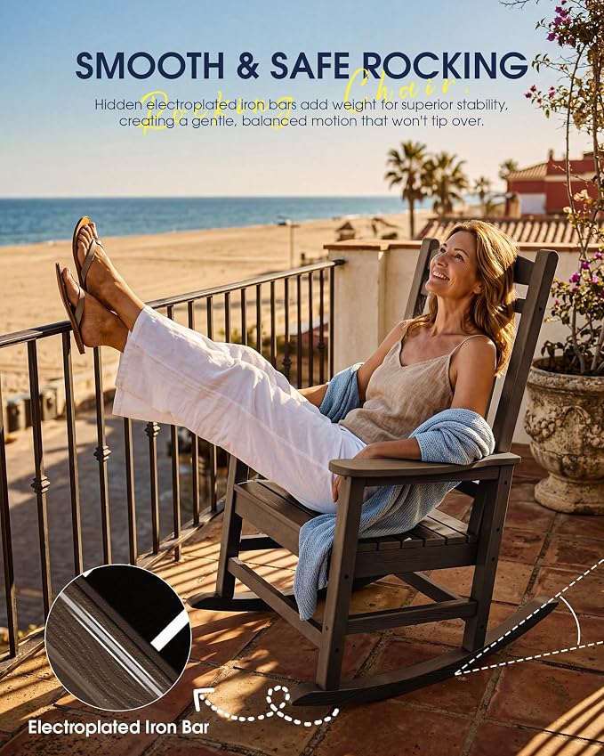 Oversized Outdoor Rocking Chair Set of 4, HDPE Porch Rocker, Coffee | - Image 9