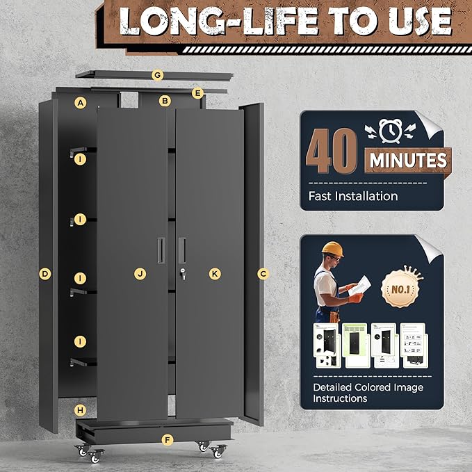 INTERGREAT Metal Garage Storage Cabinet with Wheels, Rolling Storage Cabinet with Locking Doors and 4 Adjustable Shelves,- 73" Steel Tool Cabinet for Home Office,Garage,Warehouse,Black