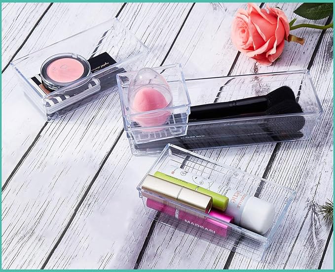 DCA 72 PCS Clear Plastic Drawer Organizers Set, 4-Size Versatile Bathroom and Vanity Organizer Trays, Storage Containers for Makeup, Jewelries, Bedroom,Kitchen Utensils and Office