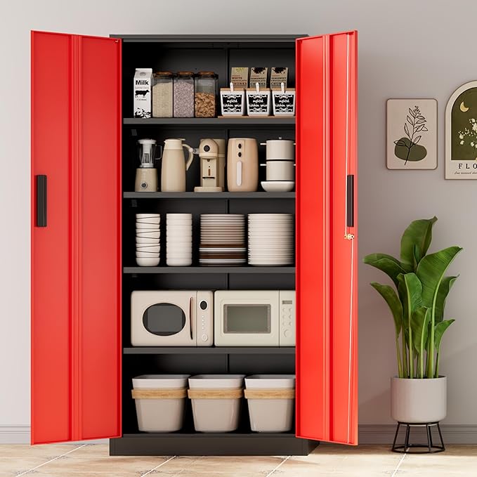 INTERGREAT Metal Storage Cabinet with Lock, 63" H Metal Cabinets Storage with 2 Doors and 4 Adjustable Shelves, Locking Garage Cabinet for Home Office, Kitchen, Bathroom (Black Red)