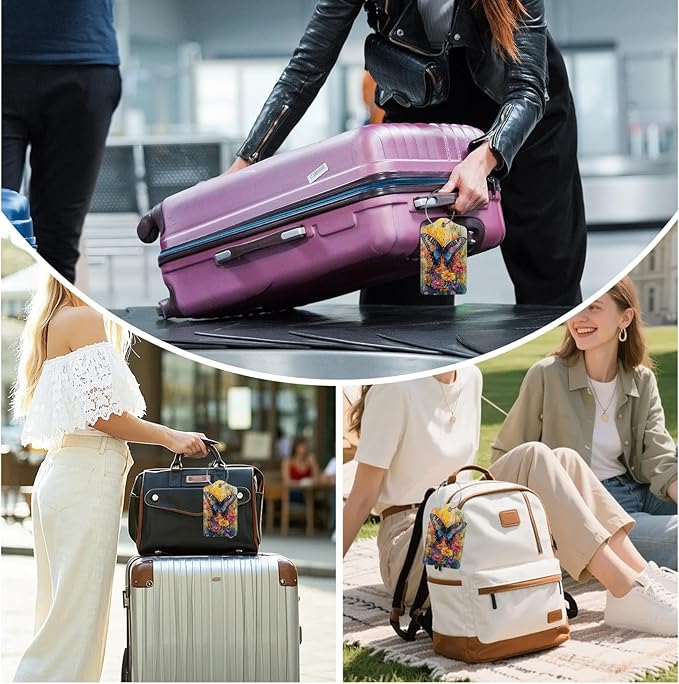 3 Pack Vintage Butterfly Flowers Luggage Tags for Suitcase PU Leather Travel Luggage Tag Privacy Cover ID Label for Women Men Baggage Backpack Handbag School Bag