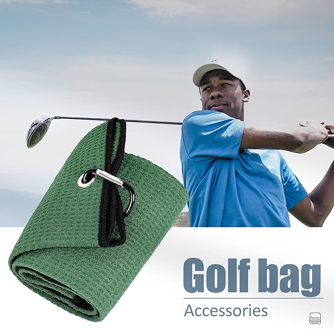 Mile High Life Tri-fold Golf Towel | 16" X 24" | Premium Microfiber Fabric | Waffle Pattern | with Heavy Duty Carabiner Clip | for Men and Women (2 Pack Green)