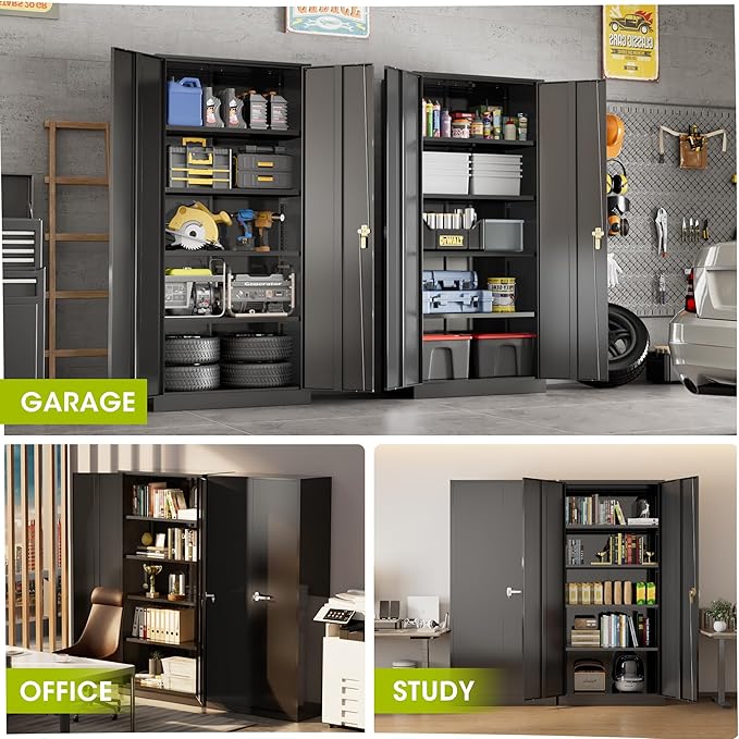 Greenvelly Metal Lockable Storage Cabinet, 72”Black Locked Storage Cabinet with 2 Doors and 4 Adjustable Shelves for Office, Home, Garage, Pantry (Assembly Required, 16”D)