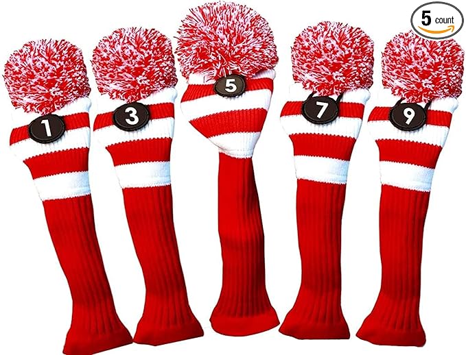 Majek Golf Club 1 3 5 7 9 White and Red Limited Edition Driver and Fairway Wood Head Covers Fits 460cc Drivers Tour Knit Retro Vintage Pom Classic Long Neck Metal Longneck Woods Headcovers