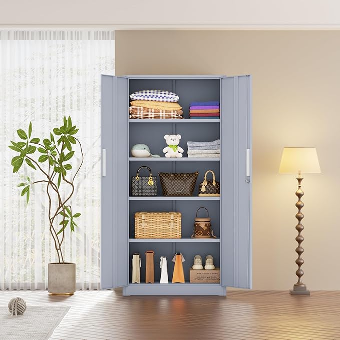 INTERGREAT Metal Storage Cabinet, 72" Locking Steel Cabinets with 2 Door and 4 Adjustable Shelves, Tall Metal Cabinet for Home Office, Garage, Warehouse,(Cement)