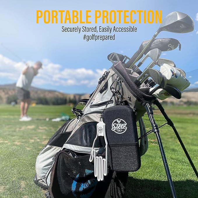 Accessory Case - Golf Bag Organizer. Airtight, Water-Resistant, Protective Hard Case for Phone, Tees, Ball Markers, Repair Tools, and Golf Essentials. Removable Golf Glove Hanger/Dryer