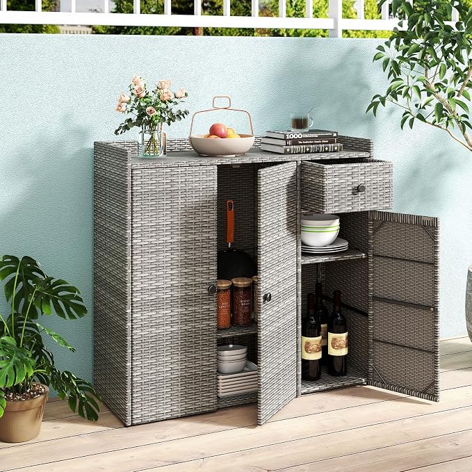 Tangkula Rattan Outdoor Storage Cabinet, Patiojoy Outdoor Cabinet - Image 9
