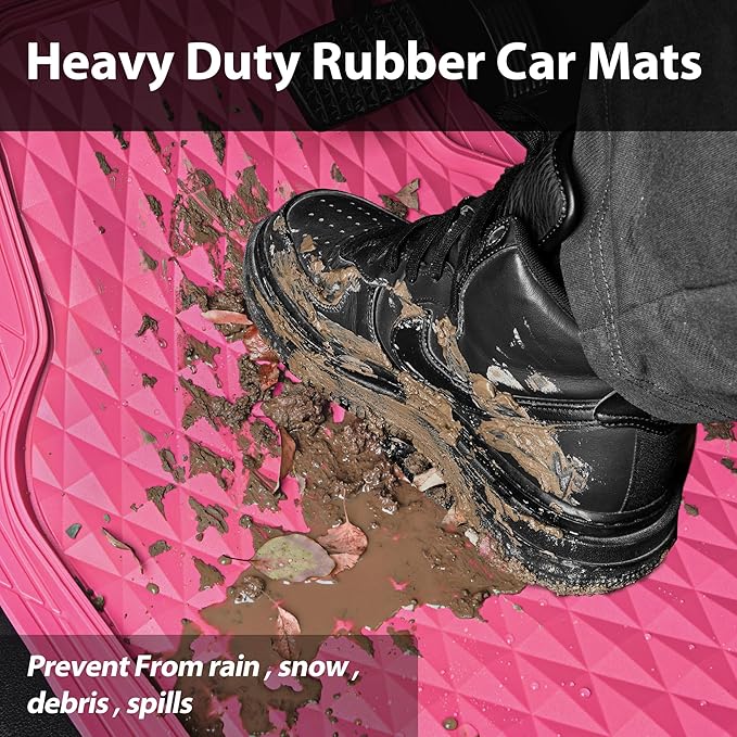 CAR PASS Heavy Duty Rubber Hot Pink Car Floor Mats & Cargo Liners, Deep Dish All-Weather Trunk Mats Durable Anti-Slip 3D Rhombus Waterproof Trim to Fit Liner Universal Fit Auto,Sedan,SUV,Truck, Pink