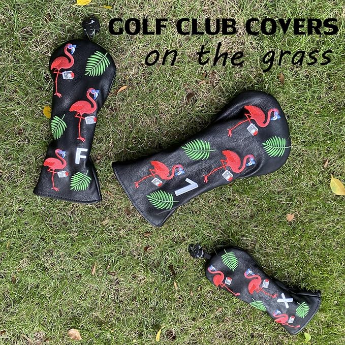 Flamingo Golf Club Headcover 3 Wood Head Cover Golf Premium(PU Leather Driver Fairway Wood Hybrid Head Cover Fits for All Brand