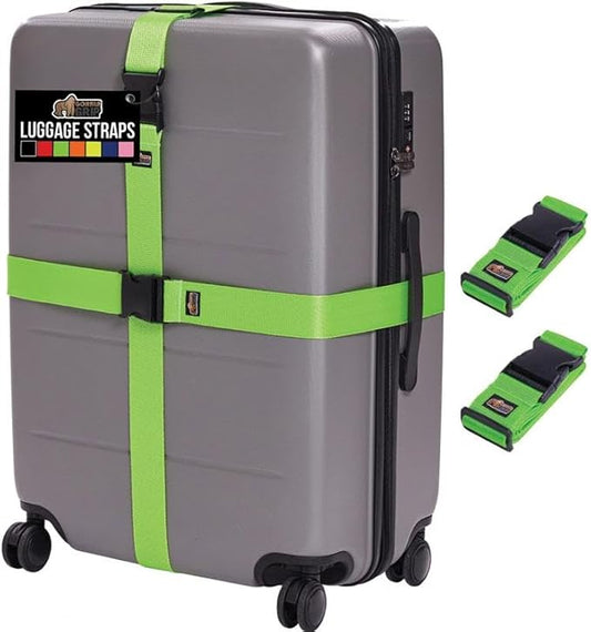 GORILLA GRIP Heavy Duty Adjustable Luggage Straps for Suitcases, Easy to Identify Travel Belt Connector Holds Suitcase Together, Holiday Travel Gift, Stocking Stuffer, Accessories, 2 Pack Green