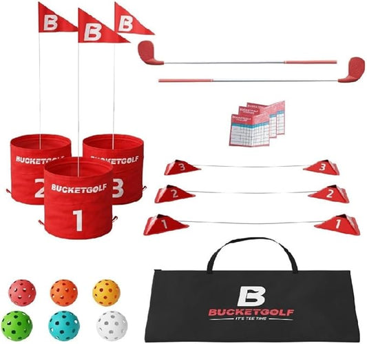 bucketgolf Original Game 3 Hole Travel Set with Clubs - #1 New Backyard Golf Game for The Yard and All Ages Adults and Kids. Beach, Park, School. (1 Right + 1 Left Club)