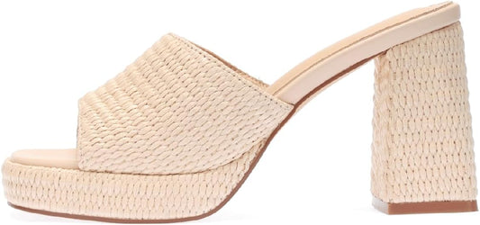 Monrovia Womens Sandals Heels for Women Slide On Block Chunky Platform High Heels Open Toe Raffia Wedge Sandals