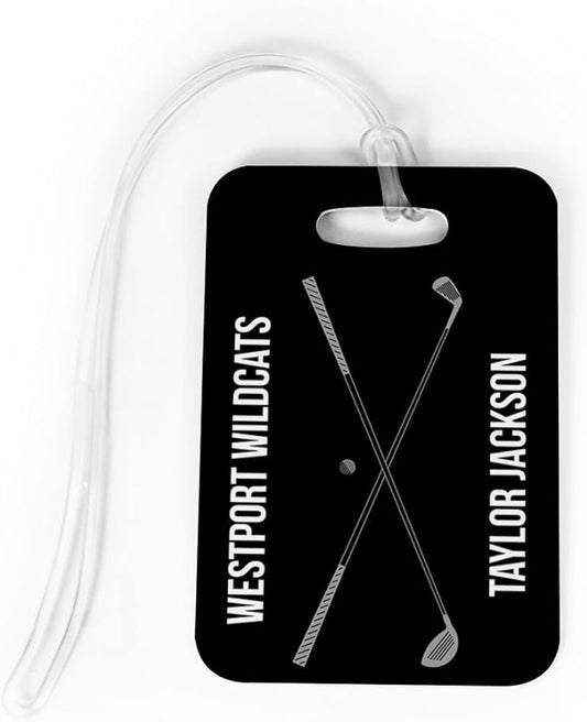 ChalkTalkSPORTS Golf Luggage & Bag Tag | Personalized Crossed Golf Clubs | Standard Lines on Back | Medium | Black/Gray