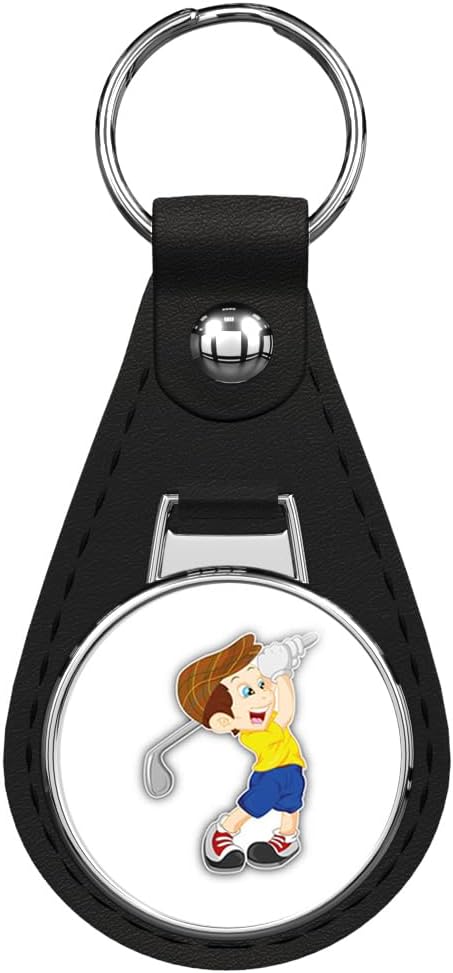 Cartoon Golf Player Boy Black Leather Key Chain Keychain Silver Ring