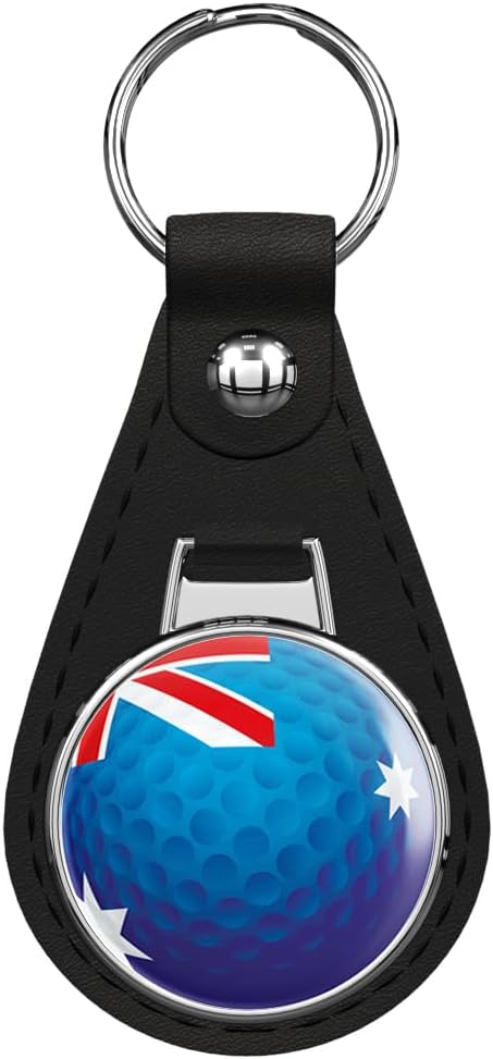 Australia Flag Golf Ball Black Leather Key Chain Keychain Silver Ring