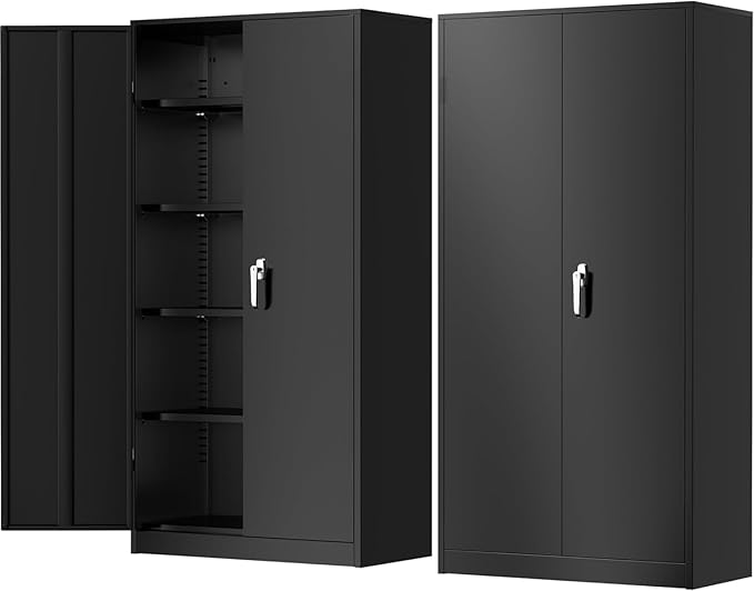 Greenvelly Metal Garage Storage Cabinet, 72'' Tall Storage Cabinet with 2 Doors and 4 Adjustable Shelves, Steel Lockable Tool Cabinets for Home Office, Garage, Basement, School (Black)