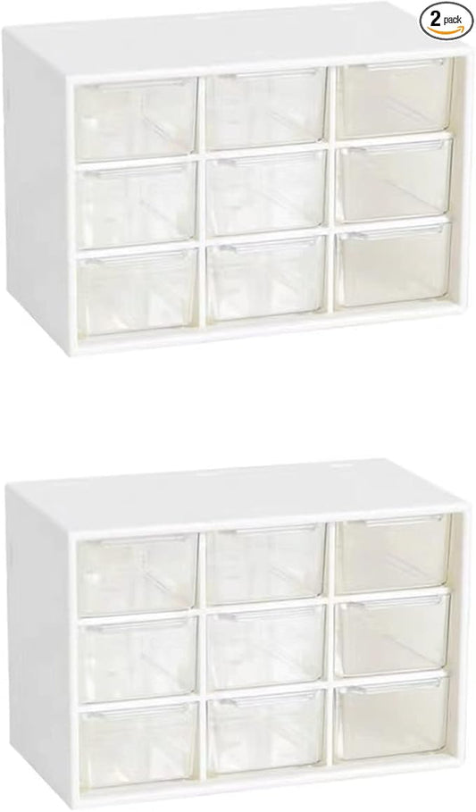 Feadily 2PCS Small Drawer Organizer for Desk, Desktop Drawer Organizer with 9 Clear Drawers, Plastic Desktop Storage Drawers 7.1 Inch x 3 .9 Inch x 4.7 Inch, White