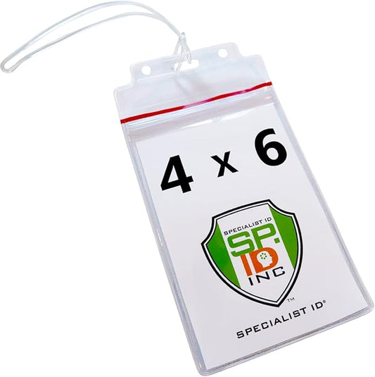 2 Pack - Extra Large Luggage Tags - Clear 4x6 Heavy Duty Cruise Ship I'd Tag/Golf Bag Travel Document Holder w 9" Plastic Loop - Waterproof Immunization Card Zip Pouch for Backpack by Specialist ID