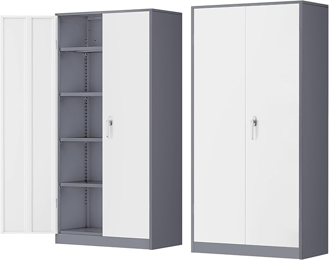 INTERGREAT Metal Storage Cabinet Doors, 72" Locking Steel Storage Cabinet with Shelves, Tall Lockable Steel Cabinets for Home Office, Garage(New Grey)