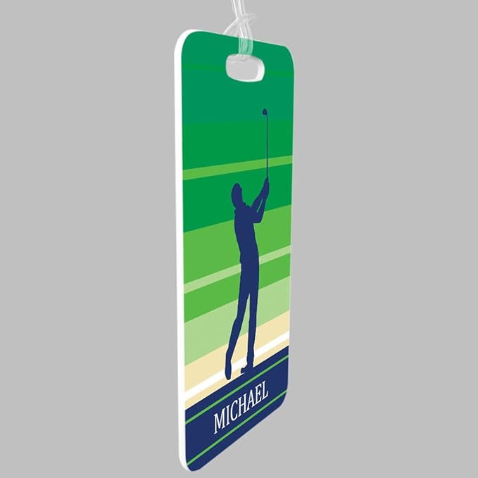 ChalkTalkSPORTS Golf Luggage & Bag Tag | Personalized Male Golfer | Standard Lines on Back | Large | Green