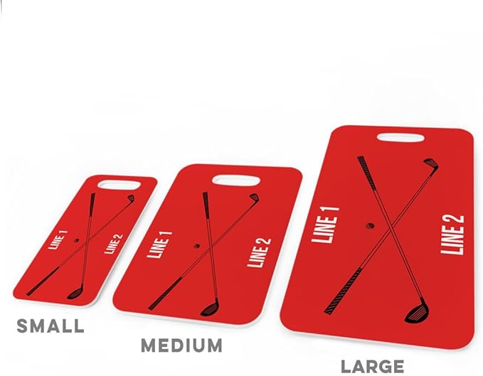 ChalkTalkSPORTS Golf Luggage & Bag Tag | Personalized Crossed Golf Clubs | Standard Lines on Back | Small | Red/Black