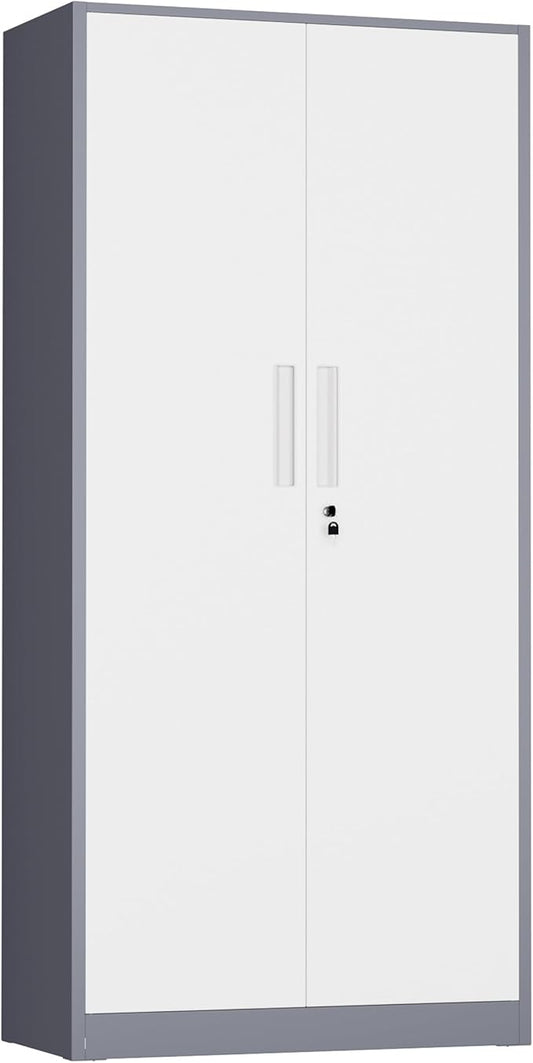 INTERGREAT Metal Storage Cabinet with Lock, 63" H Metal Cabinets Storage with 2 Doors and 4 Adjustable Shelves, Locking Garage Cabinet for Home Office, Kitchen, Bathroom (White Grey)