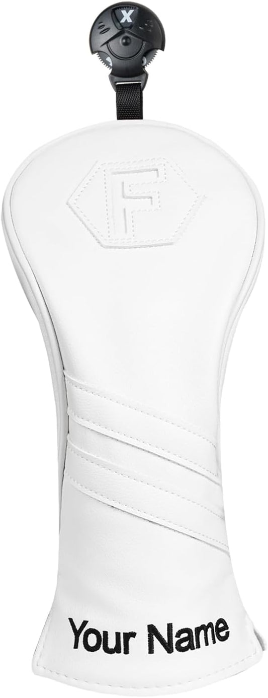 Golf Club Head Covers for Woods and Drivers, Premium PU Leather Striped Simple Golf Club Covers, Golf Headcovers Set All White, Customizable