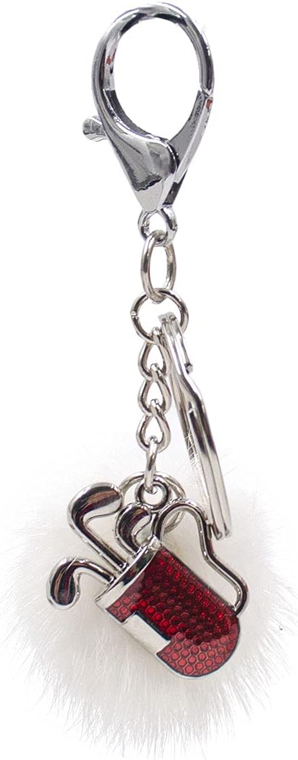 surell Golf Clubs in Bag Keychain with Mink Fur Pom - Sports Key Chain Golf Charm - For Keys, Belt, Purse, Bag and More