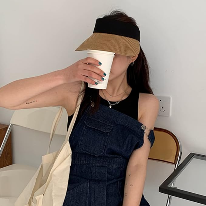 Women Straw Sun Visor Hat Wide Brim Summer UV Protection Beach Cap Foldable Packale Korean Style