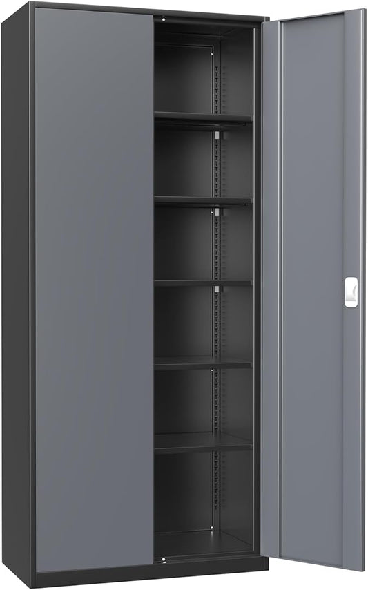 Athena Collection 71" Tall Metal Storage Cabinet with 2 Doors and 6 Ajustable Shelves, Garage Storage Cabinet for Files, Tools, Home Offcie, School, Garage, Pantry, Grey Black