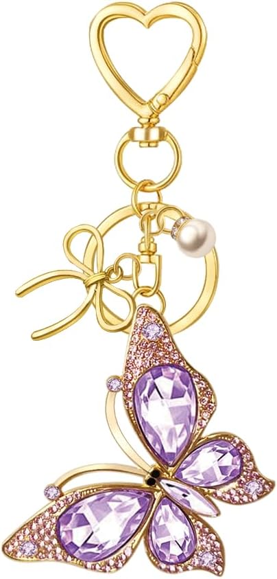 Bag Charm Keychain for Women: Cute Bow Keychains with Diamond Butterfly Pendant, Bags Purse Key ring Accessory