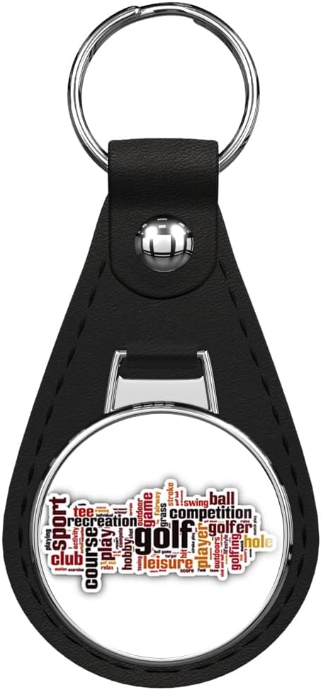 Golf Word Cloud Black Leather Key Chain Keychain Silver Ring