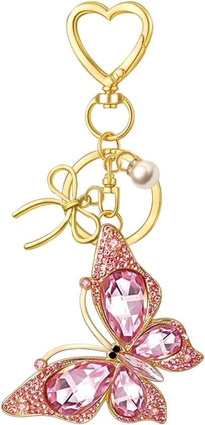 Bag Charm Keychain for Women: Cute Bow Keychains with Diamond Butterfly Pendant, Bags Purse Key ring Accessory