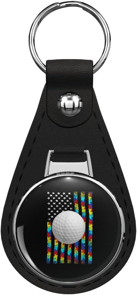 Autism Awareness American Flag Golf Leather Keychain Stainless Steel Ring for Keys, Bags, or Backpacks