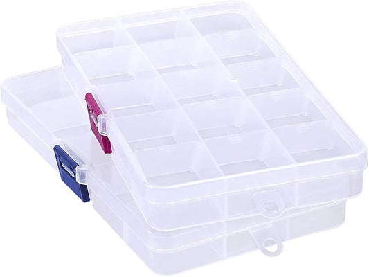 Bead Organizer Box, 2PCS 15 Compartment Craft Storage Container with Removable Divider, Plastic Empty Case for Jewelry Rhinestone Charms Crystal Press On Fake Nail, Hair Stuff Small Accessory