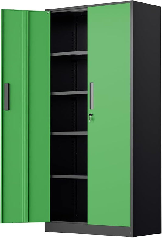 INTERGREAT Metal Storage Cabinet with Doors, 72" Locking Steel Storage Cabinet with Shelves, Tall Metal Cabinet Lockable Steel Cabinets for Home Office, Garage,(Black+Green)