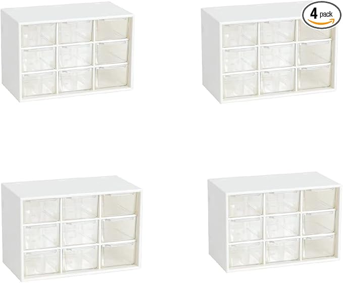 Feadily 4PCS Small Drawer Organizer for Desk, Desktop Drawer Organizer with 9 Clear Drawers, Plastic Desktop Storage Drawers 7.1 Inch x 3 .9 Inch x 4.7 Inch, White
