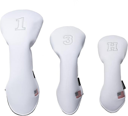 Golf Driver Head Covers 3-Pack for Men & Women - Premium PU Leather with Elephant Embroidery, Double Elastic Band (Driver/Fairway/Hybrid), Waterproof & Durable - White Grey or Black Grey