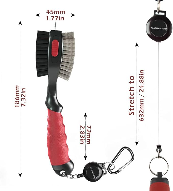 THIODOON 2 Pack Golf Club Brushes and Groove Cleaner 2 ft Retractable Zipline Carabiner Golf Brush Head with Retractable Spike Comfortable Grip Golf Club Cleaner