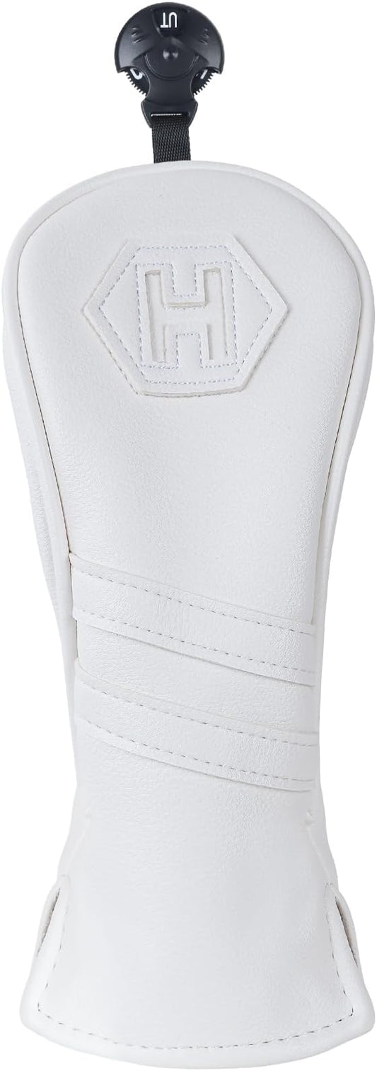 Golf Club Head Covers for Woods and Drivers, Premium PU Leather Striped Simple Golf Club Covers, Golf Headcovers Set All White, Customizable