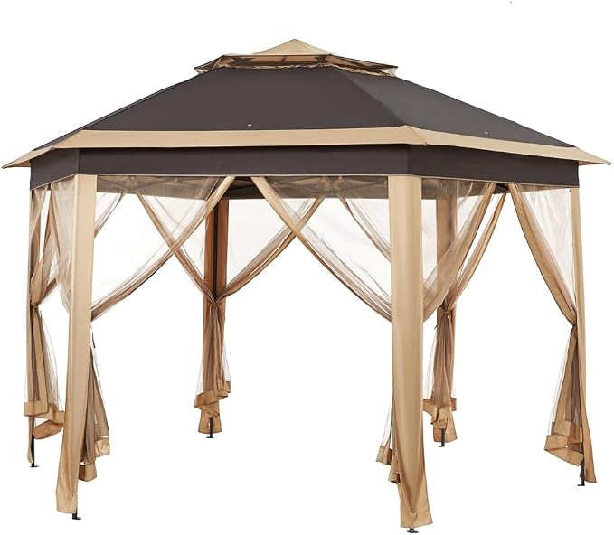 Yaheetech 13x13 Pop Up Gazebo Double-Tier w/Mesh Netting Patio Canopy Brown | by Unknown
