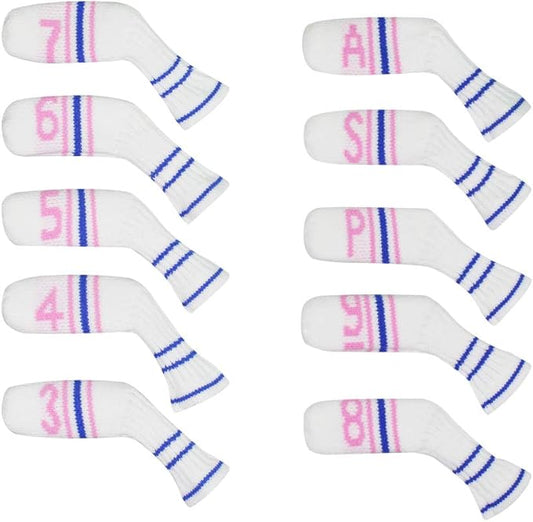 Scott Edward 1/7/10 Pcs Knitted Golf Club Head Covers for Irons Wedge Cuteness and Basically Socks Shape Washable Golf Club Head Protector on Classic Stripes Style，Double Sided Customization